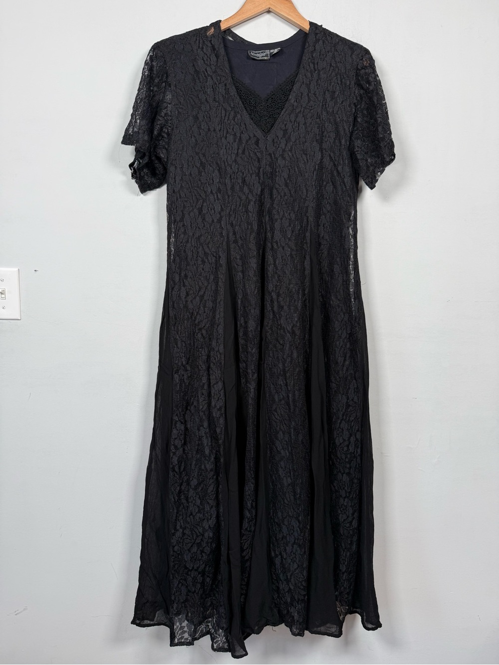 Vtg 90s Nostalgia Black Lace Paneled Maxi Dress Medium Whimsigoth Rayon India